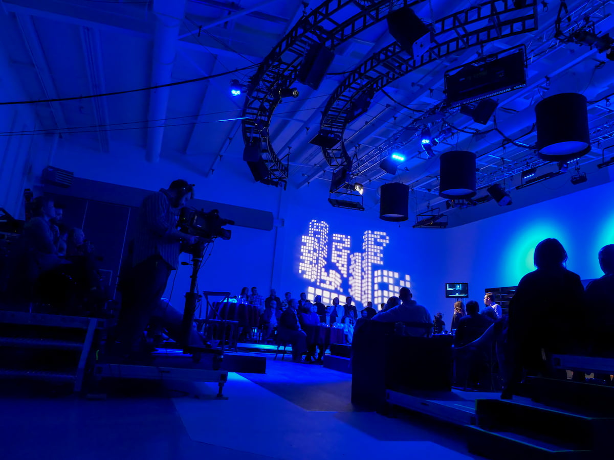 the cinema stage lit in dark blue
