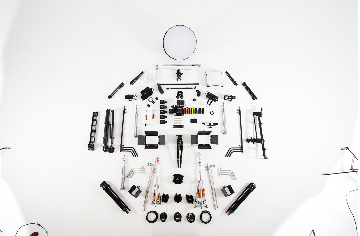 Overhead view of film equipment on a white stage